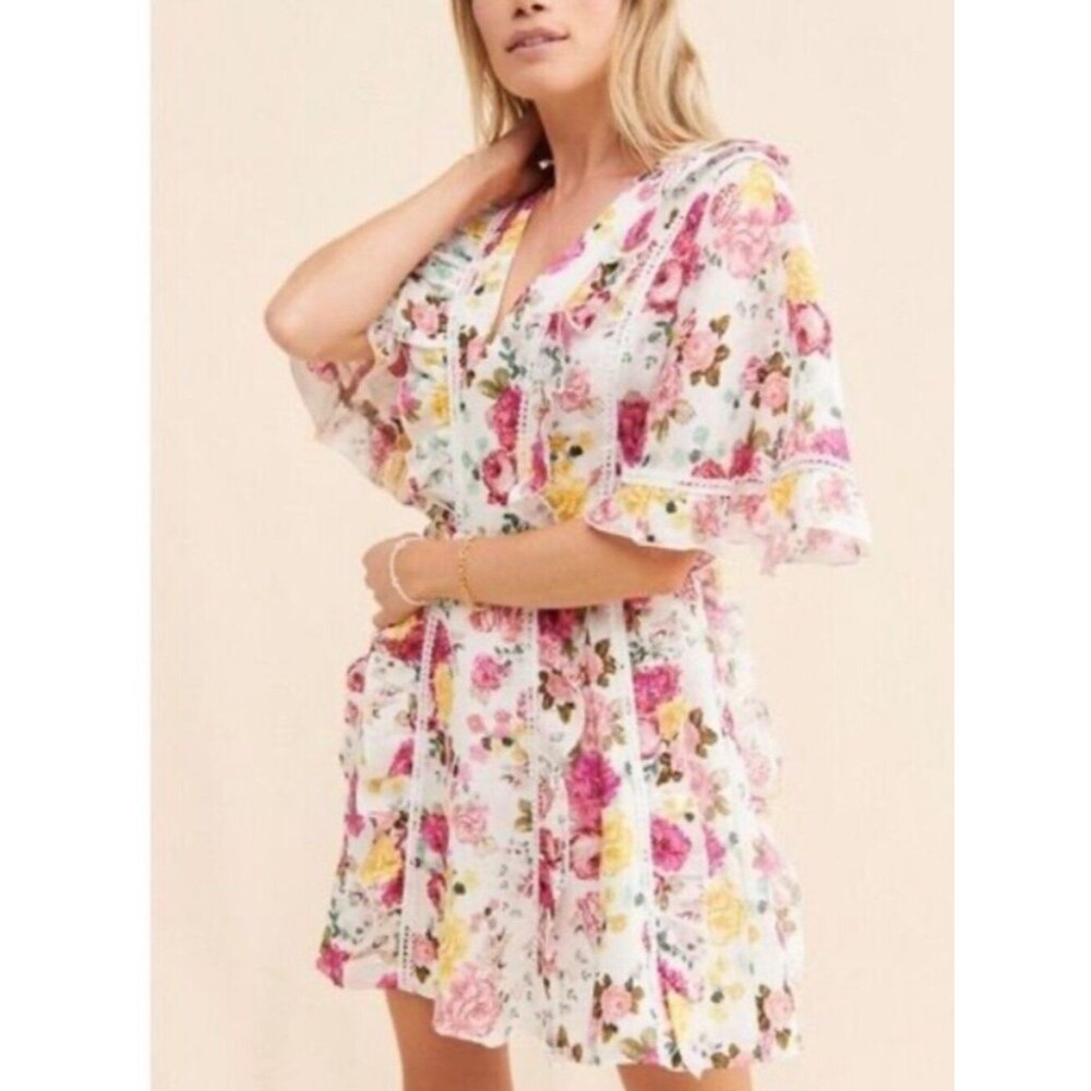 La Maison Talulah Tea Time Mini Dress Floral Linen Tiered Dainty Cottagecore M - Picture 6 of 16